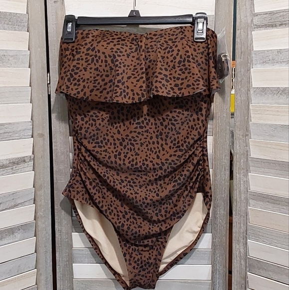 Brown Animal Print Bandeau Flounce High Coverage Swimsuit | Kona Sol | X Large - Picture 1 of 11